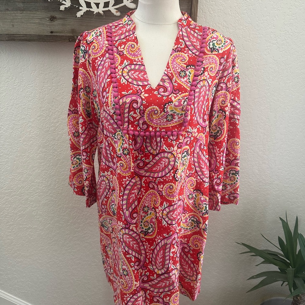 Boden Evangeline Linen Tunic Dress in Red Pop Mexican Paisley Size 6